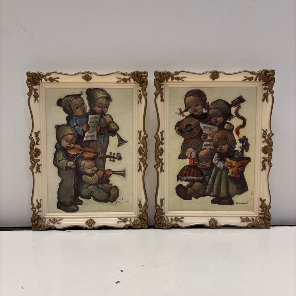 2 Framed Wall Prints Hummel Vintage Pictures 6.5"x5" Plastic Ornate Frame